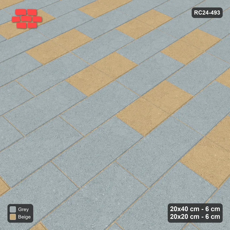 Interlock (Pasco) 20x40 cm · RC24-493 · Running Bond, 20x20 Inserts 1 in 4 Cols + Kerb - Warm Grey · Side view Interlock (Pasco) 20x40 cm · RC24-493 · Running Bond, 20x20 Inserts 1 in 4 Cols + Kerb - Warm Grey · Side view
