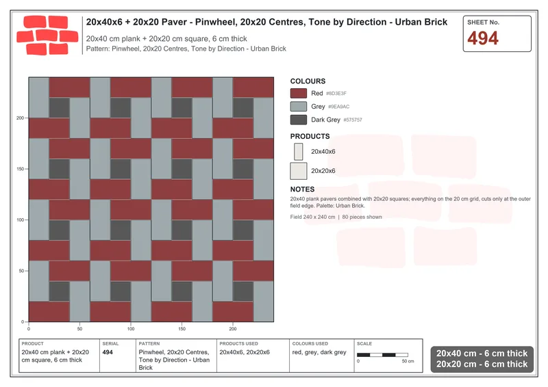 Interlock (Pasco) 20x40 cm · RC24-494 · Pinwheel, 20x20 Centres, Tone by Direction - Urban Brick · Laying plan Interlock (Pasco) 20x40 cm · RC24-494 · Pinwheel, 20x20 Centres, Tone by Direction - Urban Brick · Laying plan