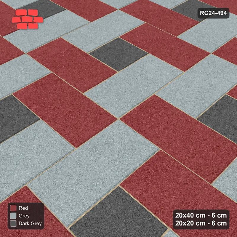 Interlock (Pasco) 20x40 cm · RC24-494 · Pinwheel, 20x20 Centres, Tone by Direction - Urban Brick · Side view Interlock (Pasco) 20x40 cm · RC24-494 · Pinwheel, 20x20 Centres, Tone by Direction - Urban Brick · Side view