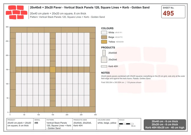 Interlock (Pasco) 20x40 cm · RC24-495 · Vertical Stack Panels 120, Square Lines + Kerb - Golden Sand · Laying plan Interlock (Pasco) 20x40 cm · RC24-495 · Vertical Stack Panels 120, Square Lines + Kerb - Golden Sand · Laying plan