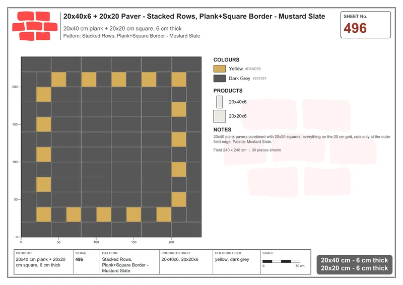 Interlock (Pasco) 20x40 cm · RC24-496 · Stacked Rows, Plank+Square Border - Mustard Slate · Laying plan Interlock (Pasco) 20x40 cm · RC24-496 · Stacked Rows, Plank+Square Border - Mustard Slate · Laying plan