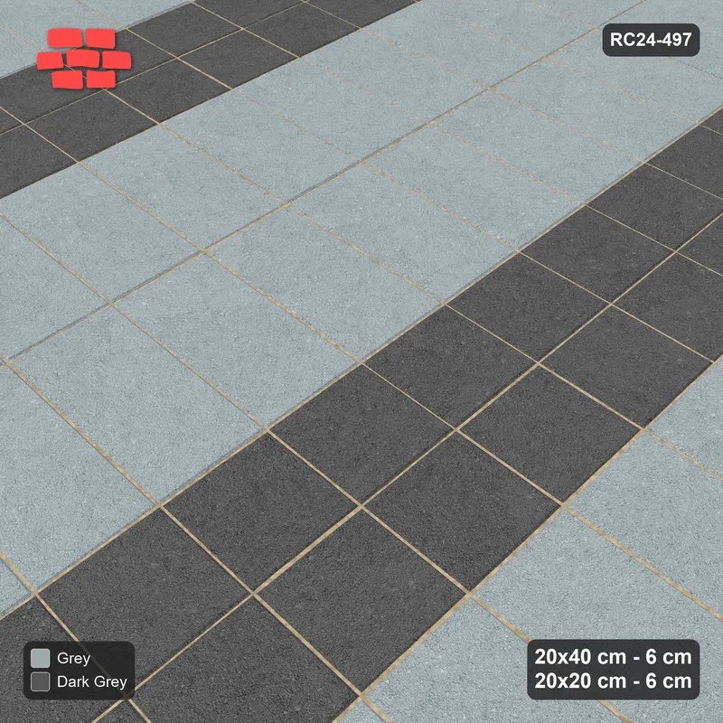 Interlock (Pasco) 20x40 cm · RC24-497 · Stacked Rows, Column 20x20 Blocks - Charcoal Edge · Side view Interlock (Pasco) 20x40 cm · RC24-497 · Stacked Rows, Column 20x20 Blocks - Charcoal Edge · Side view