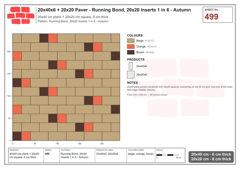 Interlock (Pasco) 20x40 cm · RC24-499 · Running Bond, 20x20 Inserts 1 in 6 - Autumn · Laying plan Interlock (Pasco) 20x40 cm · RC24-499 · Running Bond, 20x20 Inserts 1 in 6 - Autumn · Laying plan