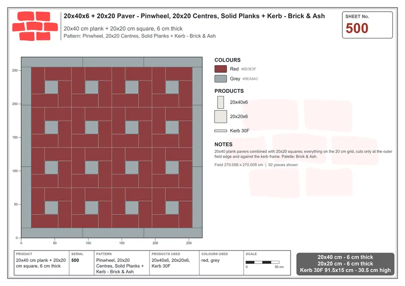 Interlock (Pasco) 20x40 cm · RC24-500 · Pinwheel, 20x20 Centres, Solid Planks + Kerb - Brick & Ash · Laying plan Interlock (Pasco) 20x40 cm · RC24-500 · Pinwheel, 20x20 Centres, Solid Planks + Kerb - Brick & Ash · Laying plan