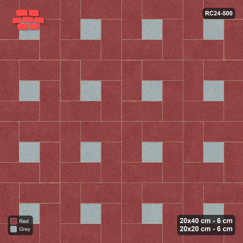 Interlock (Pasco) 20x40 cm · RC24-500 · Pinwheel, 20x20 Centres, Solid Planks + Kerb - Brick & Ash · Top view Interlock (Pasco) 20x40 cm · RC24-500 · Pinwheel, 20x20 Centres, Solid Planks + Kerb - Brick & Ash · Top view