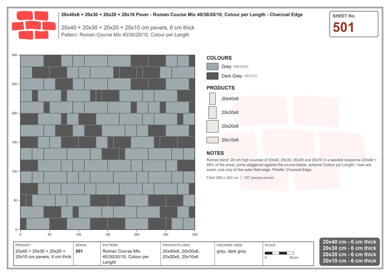 Interlock (Pasco) 20x40 cm · RC24-501 · Roman Course Mix 40/30/20/10, Colour per Length · Laying plan Interlock (Pasco) 20x40 cm · RC24-501 · Roman Course Mix 40/30/20/10, Colour per Length · Laying plan