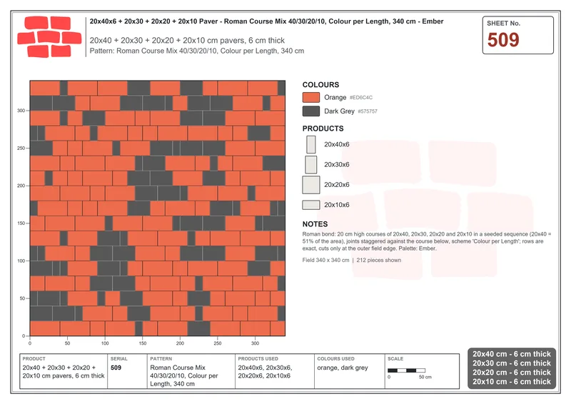 Interlock (Pasco) 20x40 cm · RC24-509 · Roman Course Mix 40/30/20/10, Colour per Length, 340 cm · Laying plan Interlock (Pasco) 20x40 cm · RC24-509 · Roman Course Mix 40/30/20/10, Colour per Length, 340 cm · Laying plan