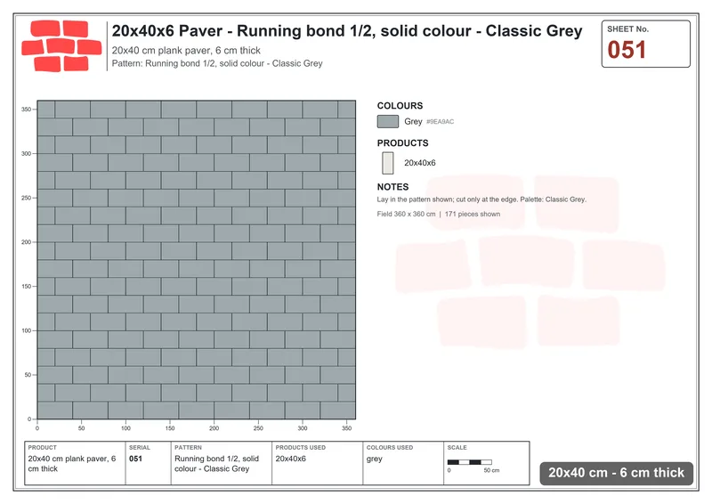 Interlock (Pasco) 20x40 cm · RC24-51 · Running bond 1/2, solid colour - Classic Grey · Laying plan Interlock (Pasco) 20x40 cm · RC24-51 · Running bond 1/2, solid colour - Classic Grey · Laying plan
