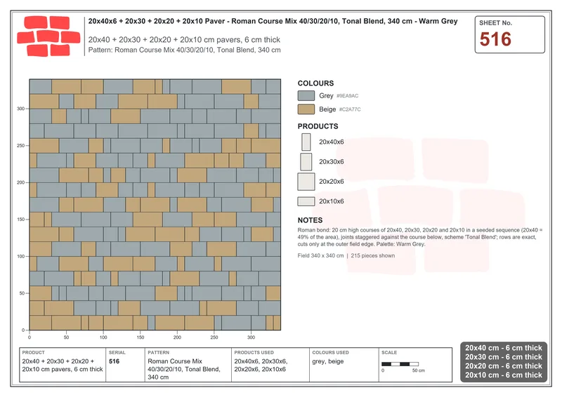 Interlock (Pasco) 20x40 cm · RC24-516 · Roman Course Mix 40/30/20/10, Tonal Blend, 340 cm · Laying plan Interlock (Pasco) 20x40 cm · RC24-516 · Roman Course Mix 40/30/20/10, Tonal Blend, 340 cm · Laying plan