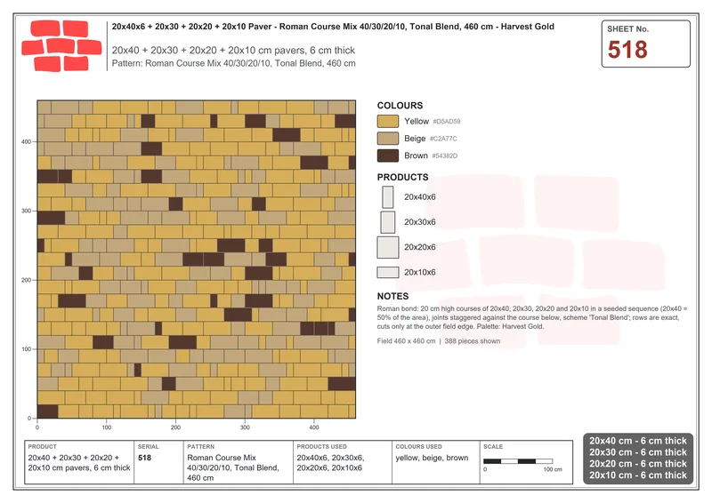 Interlock (Pasco) 20x40 cm · RC24-518 · Roman Course Mix 40/30/20/10, Tonal Blend, 460 cm · Laying plan Interlock (Pasco) 20x40 cm · RC24-518 · Roman Course Mix 40/30/20/10, Tonal Blend, 460 cm · Laying plan