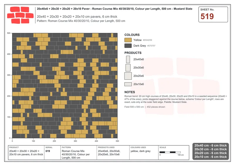 Interlock (Pasco) 20x40 cm · RC24-519 · Roman Course Mix 40/30/20/10, Colour per Length, 500 cm · Laying plan Interlock (Pasco) 20x40 cm · RC24-519 · Roman Course Mix 40/30/20/10, Colour per Length, 500 cm · Laying plan