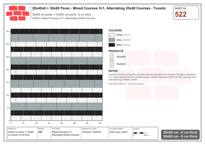 Interlock (Pasco) 20x40 cm · RC24-522 · Mixed Courses 3+1, Alternating 20x40 Courses · Laying plan Interlock (Pasco) 20x40 cm · RC24-522 · Mixed Courses 3+1, Alternating 20x40 Courses · Laying plan