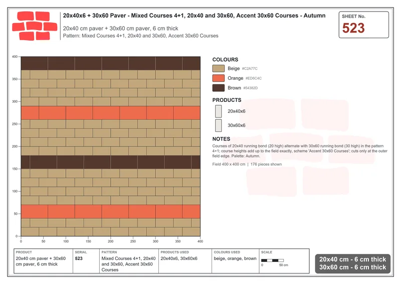 Interlock (Pasco) 20x40 cm · RC24-523 · Mixed Courses 4+1, 20x40 and 30x60, Accent 30x60 Courses · Laying plan Interlock (Pasco) 20x40 cm · RC24-523 · Mixed Courses 4+1, 20x40 and 30x60, Accent 30x60 Courses · Laying plan