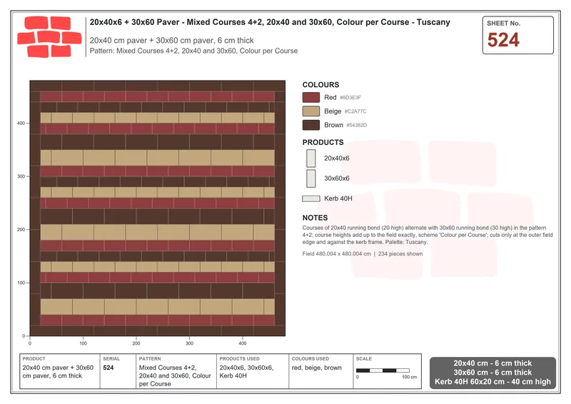 Interlock (Pasco) 20x40 cm · RC24-524 · Mixed Courses 4+2, 20x40 and 30x60, Colour per Course · Laying plan Interlock (Pasco) 20x40 cm · RC24-524 · Mixed Courses 4+2, 20x40 and 30x60, Colour per Course · Laying plan