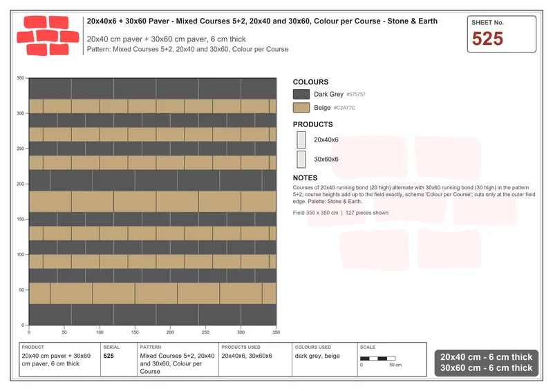 Interlock (Pasco) 20x40 cm · RC24-525 · Mixed Courses 5+2, 20x40 and 30x60, Colour per Course · Laying plan Interlock (Pasco) 20x40 cm · RC24-525 · Mixed Courses 5+2, 20x40 and 30x60, Colour per Course · Laying plan