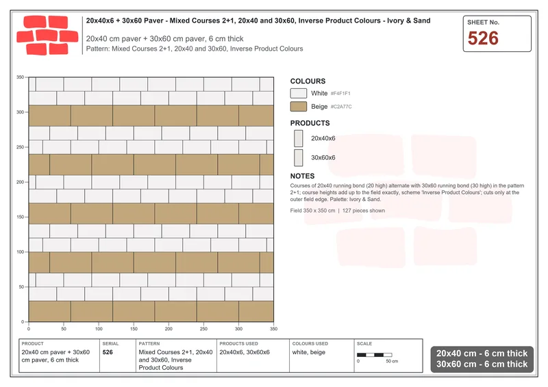 Interlock (Pasco) 20x40 cm · RC24-526 · Mixed Courses 2+1, 20x40 and 30x60, Inverse Product Colours · Laying plan Interlock (Pasco) 20x40 cm · RC24-526 · Mixed Courses 2+1, 20x40 and 30x60, Inverse Product Colours · Laying plan