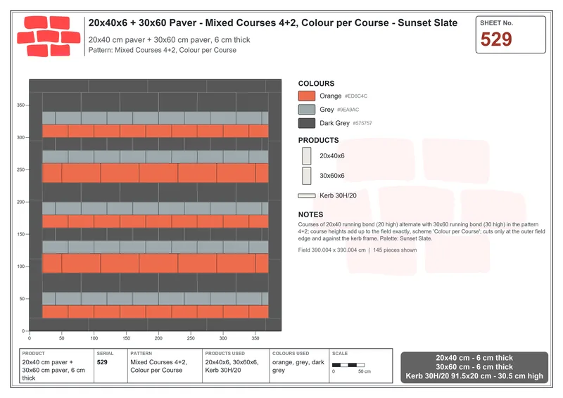 Interlock (Pasco) 20x40 cm · RC24-529 · Mixed Courses 4+2, Colour per Course · Laying plan Interlock (Pasco) 20x40 cm · RC24-529 · Mixed Courses 4+2, Colour per Course · Laying plan