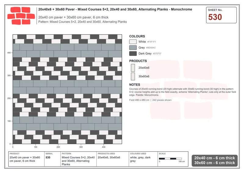 Interlock (Pasco) 20x40 cm · RC24-530 · Mixed Courses 5+2, 20x40 and 30x60, Alternating Planks · Laying plan Interlock (Pasco) 20x40 cm · RC24-530 · Mixed Courses 5+2, 20x40 and 30x60, Alternating Planks · Laying plan