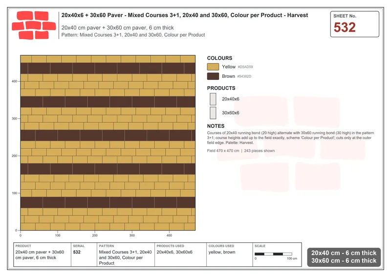 Interlock (Pasco) 20x40 cm · RC24-532 · Mixed Courses 3+1, 20x40 and 30x60, Colour per Product · Laying plan Interlock (Pasco) 20x40 cm · RC24-532 · Mixed Courses 3+1, 20x40 and 30x60, Colour per Product · Laying plan