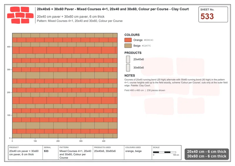 Interlock (Pasco) 20x40 cm · RC24-533 · Mixed Courses 4+1, 20x40 and 30x60, Colour per Course · Laying plan Interlock (Pasco) 20x40 cm · RC24-533 · Mixed Courses 4+1, 20x40 and 30x60, Colour per Course · Laying plan