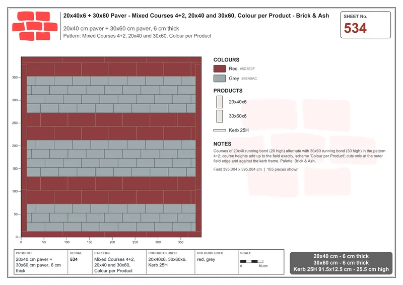 Interlock (Pasco) 20x40 cm · RC24-534 · Mixed Courses 4+2, 20x40 and 30x60, Colour per Product · Laying plan Interlock (Pasco) 20x40 cm · RC24-534 · Mixed Courses 4+2, 20x40 and 30x60, Colour per Product · Laying plan