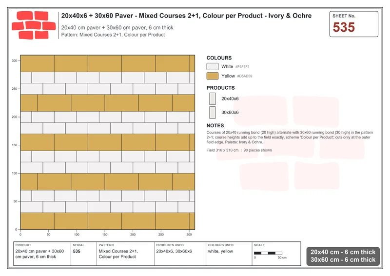 Interlock (Pasco) 20x40 cm · RC24-535 · Mixed Courses 2+1, Colour per Product · Laying plan Interlock (Pasco) 20x40 cm · RC24-535 · Mixed Courses 2+1, Colour per Product · Laying plan