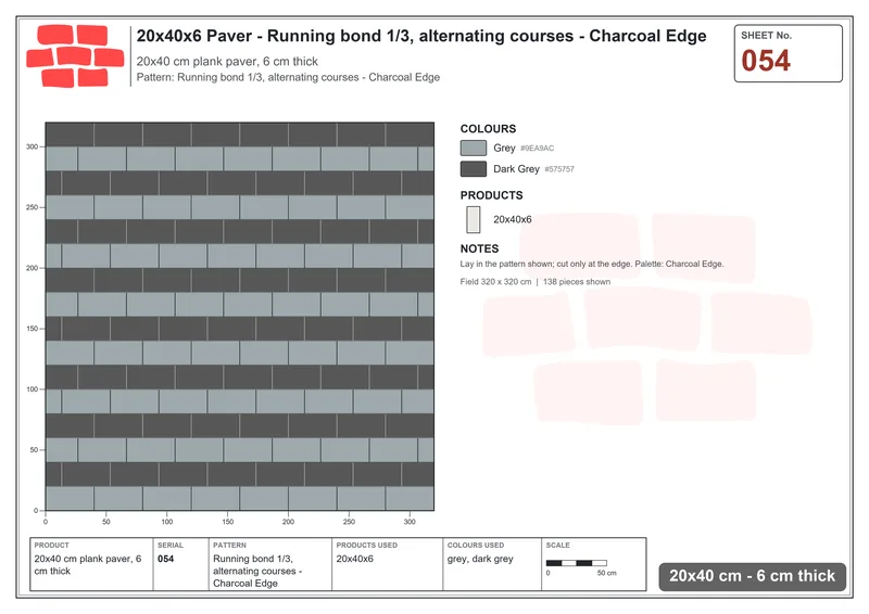 Interlock (Pasco) 20x40 cm · RC24-54 · Running bond 1/3, alternating courses - Charcoal Edge · Laying plan Interlock (Pasco) 20x40 cm · RC24-54 · Running bond 1/3, alternating courses - Charcoal Edge · Laying plan