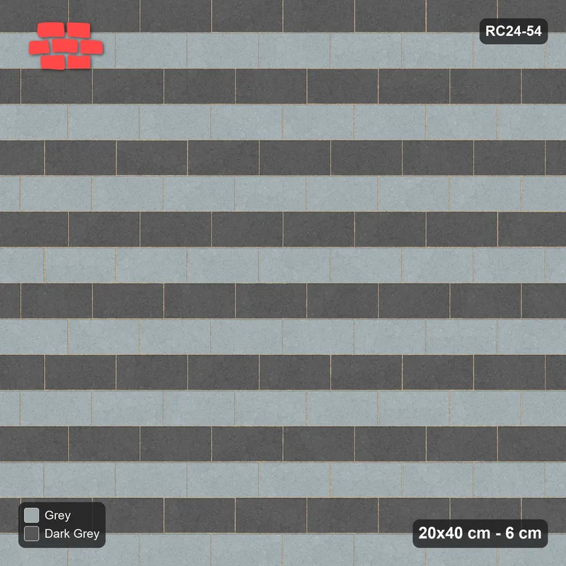 Interlock (Pasco) 20x40 cm · RC24-54 · Running bond 1/3, alternating courses - Charcoal Edge · Top view Interlock (Pasco) 20x40 cm · RC24-54 · Running bond 1/3, alternating courses - Charcoal Edge · Top view