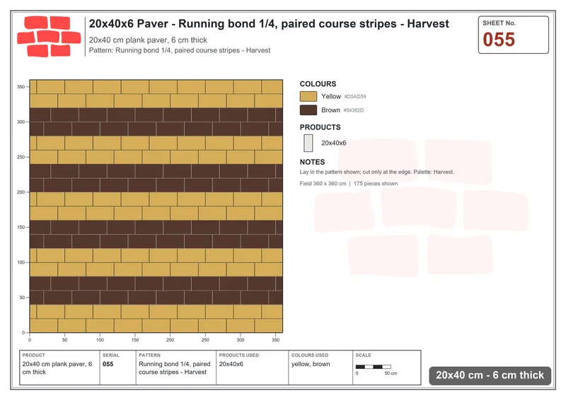 Interlock (Pasco) 20x40 cm · RC24-55 · Running bond 1/4, paired course stripes - Harvest · Laying plan Interlock (Pasco) 20x40 cm · RC24-55 · Running bond 1/4, paired course stripes - Harvest · Laying plan