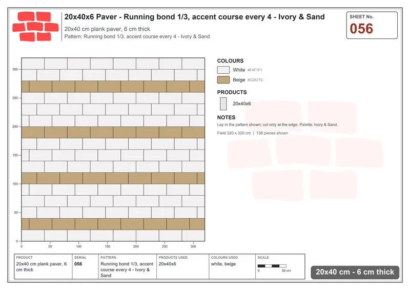 Interlock (Pasco) 20x40 cm · RC24-56 · Running bond 1/3, accent course every 4 - Ivory & Sand · Laying plan Interlock (Pasco) 20x40 cm · RC24-56 · Running bond 1/3, accent course every 4 - Ivory & Sand · Laying plan