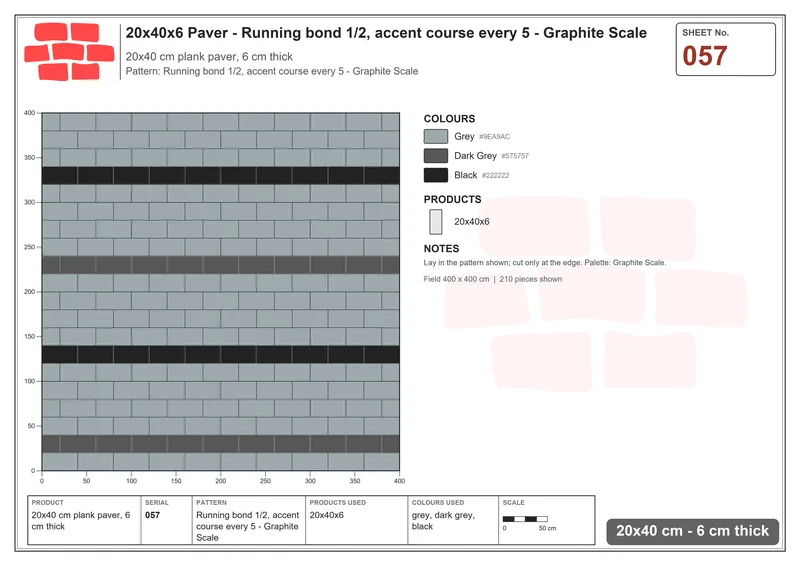 Interlock (Pasco) 20x40 cm · RC24-57 · Running bond 1/2, accent course every 5 - Graphite Scale · Laying plan Interlock (Pasco) 20x40 cm · RC24-57 · Running bond 1/2, accent course every 5 - Graphite Scale · Laying plan