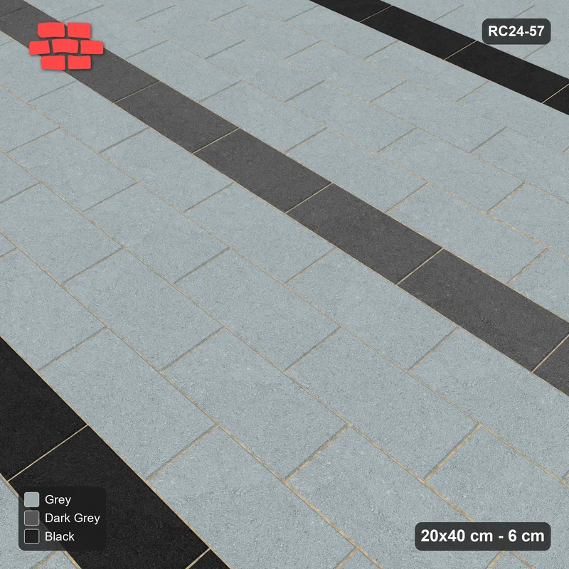 Interlock (Pasco) 20x40 cm · RC24-57 · Running bond 1/2, accent course every 5 - Graphite Scale · Side view Interlock (Pasco) 20x40 cm · RC24-57 · Running bond 1/2, accent course every 5 - Graphite Scale · Side view