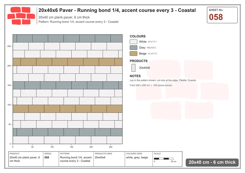 Interlock (Pasco) 20x40 cm · RC24-58 · Running bond 1/4, accent course every 3 - Coastal · Laying plan Interlock (Pasco) 20x40 cm · RC24-58 · Running bond 1/4, accent course every 3 - Coastal · Laying plan