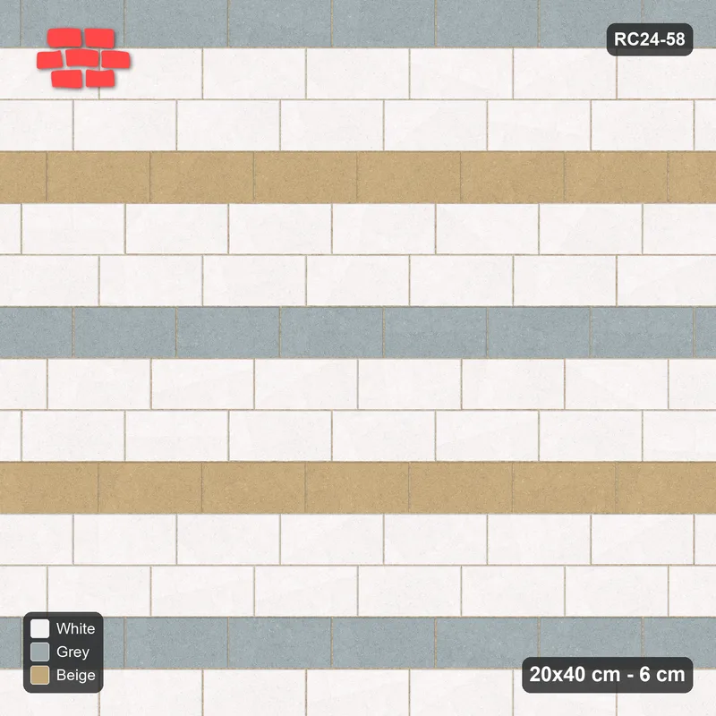 Interlock (Pasco) 20x40 cm · RC24-58 · Running bond 1/4, accent course every 3 - Coastal · Top view Interlock (Pasco) 20x40 cm · RC24-58 · Running bond 1/4, accent course every 3 - Coastal · Top view