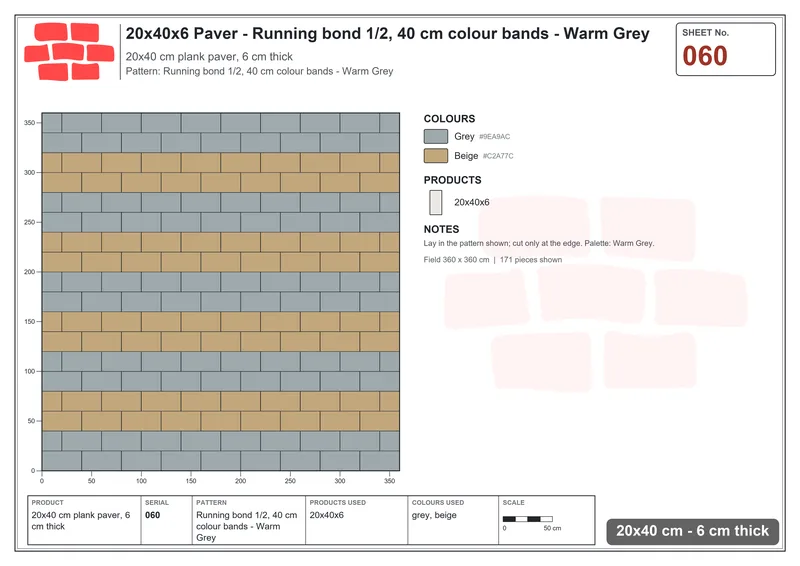 Interlock (Pasco) 20x40 cm · RC24-60 · Running bond 1/2, 40 cm colour bands - Warm Grey · Laying plan Interlock (Pasco) 20x40 cm · RC24-60 · Running bond 1/2, 40 cm colour bands - Warm Grey · Laying plan