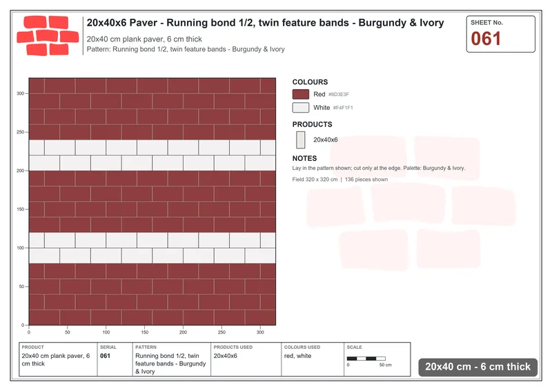Interlock (Pasco) 20x40 cm · RC24-61 · Running bond 1/2, twin feature bands - Burgundy & Ivory · Laying plan Interlock (Pasco) 20x40 cm · RC24-61 · Running bond 1/2, twin feature bands - Burgundy & Ivory · Laying plan