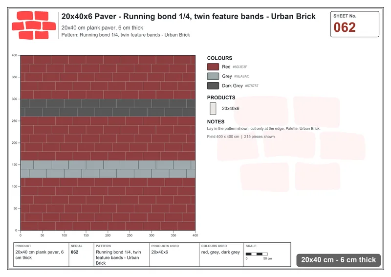 Interlock (Pasco) 20x40 cm · RC24-62 · Running bond 1/4, twin feature bands - Urban Brick · Laying plan Interlock (Pasco) 20x40 cm · RC24-62 · Running bond 1/4, twin feature bands - Urban Brick · Laying plan