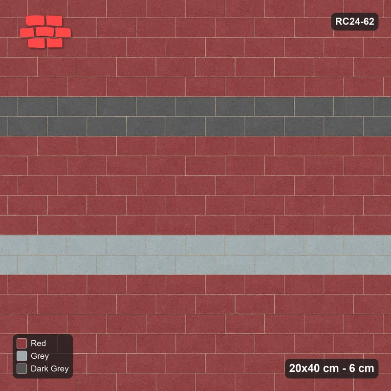 Interlock (Pasco) 20x40 cm · RC24-62 · Running bond 1/4, twin feature bands - Urban Brick · Top view Interlock (Pasco) 20x40 cm · RC24-62 · Running bond 1/4, twin feature bands - Urban Brick · Top view