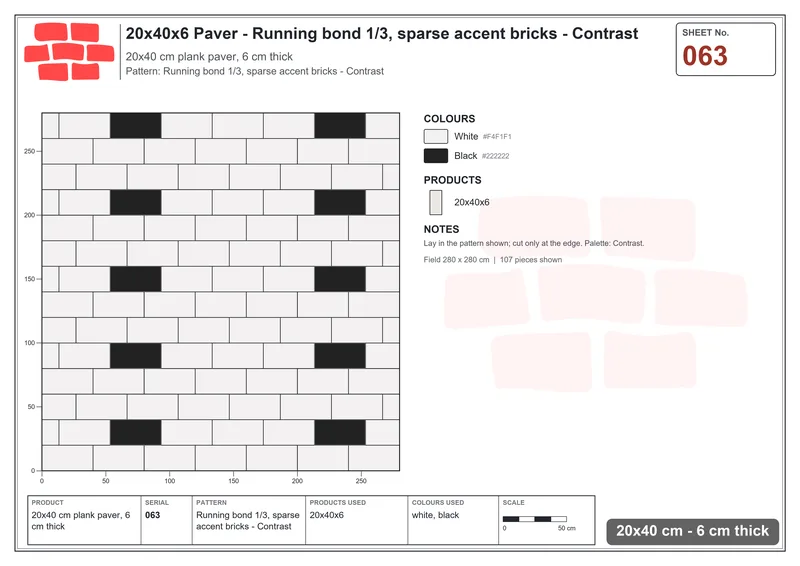 Interlock (Pasco) 20x40 cm · RC24-63 · Running bond 1/3, sparse accent bricks - Contrast · Laying plan Interlock (Pasco) 20x40 cm · RC24-63 · Running bond 1/3, sparse accent bricks - Contrast · Laying plan
