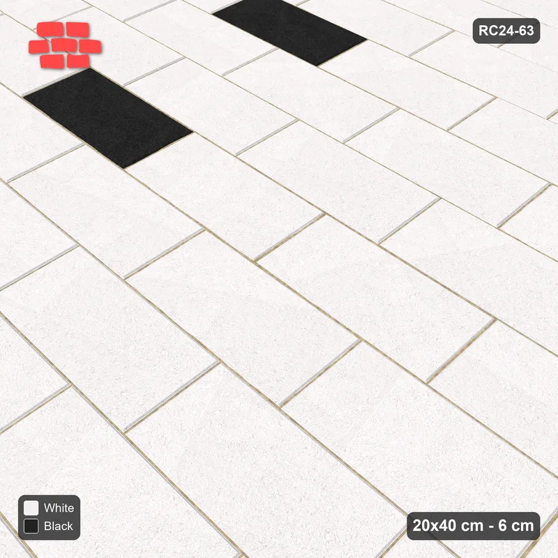 Interlock (Pasco) 20x40 cm · RC24-63 · Running bond 1/3, sparse accent bricks - Contrast · Side view Interlock (Pasco) 20x40 cm · RC24-63 · Running bond 1/3, sparse accent bricks - Contrast · Side view