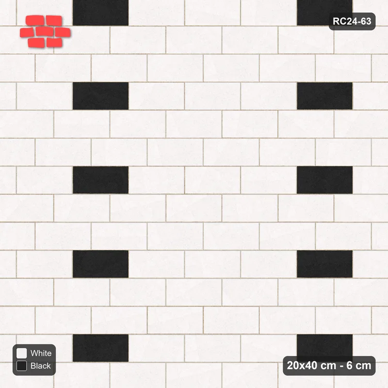 Interlock (Pasco) 20x40 cm · RC24-63 · Running bond 1/3, sparse accent bricks - Contrast · Top view Interlock (Pasco) 20x40 cm · RC24-63 · Running bond 1/3, sparse accent bricks - Contrast · Top view