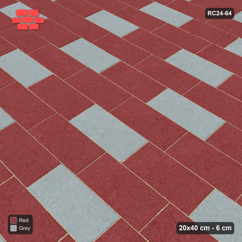 Interlock (Pasco) 20x40 cm · RC24-64 · Running bond 1/4, accent brick checker - Brick & Ash · Side view Interlock (Pasco) 20x40 cm · RC24-64 · Running bond 1/4, accent brick checker - Brick & Ash · Side view