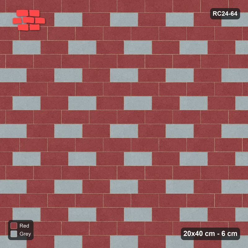 Interlock (Pasco) 20x40 cm · RC24-64 · Running bond 1/4, accent brick checker - Brick & Ash · Top view Interlock (Pasco) 20x40 cm · RC24-64 · Running bond 1/4, accent brick checker - Brick & Ash · Top view