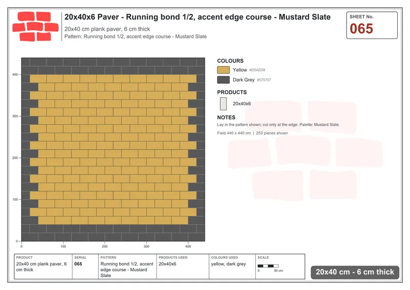 Interlock (Pasco) 20x40 cm · RC24-65 · Running bond 1/2, accent edge course - Mustard Slate · Laying plan Interlock (Pasco) 20x40 cm · RC24-65 · Running bond 1/2, accent edge course - Mustard Slate · Laying plan