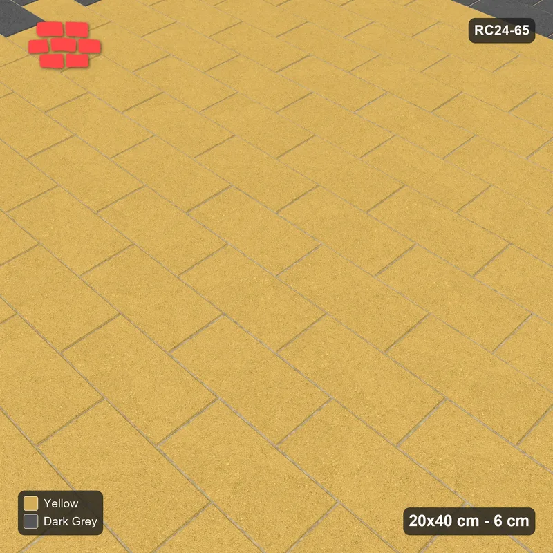 Interlock (Pasco) 20x40 cm · RC24-65 · Running bond 1/2, accent edge course - Mustard Slate · Side view Interlock (Pasco) 20x40 cm · RC24-65 · Running bond 1/2, accent edge course - Mustard Slate · Side view