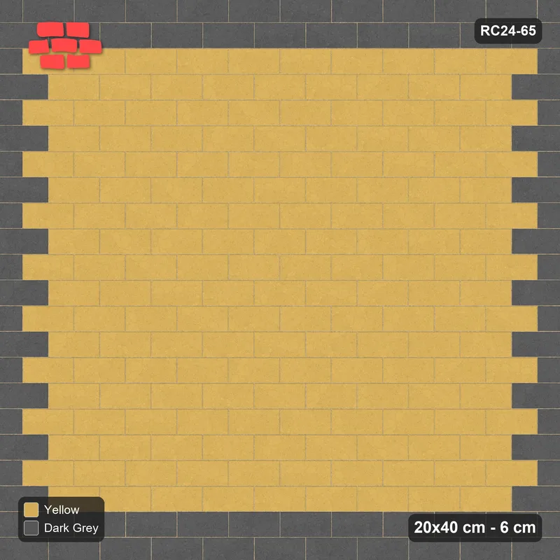 Interlock (Pasco) 20x40 cm · RC24-65 · Running bond 1/2, accent edge course - Mustard Slate · Top view Interlock (Pasco) 20x40 cm · RC24-65 · Running bond 1/2, accent edge course - Mustard Slate · Top view