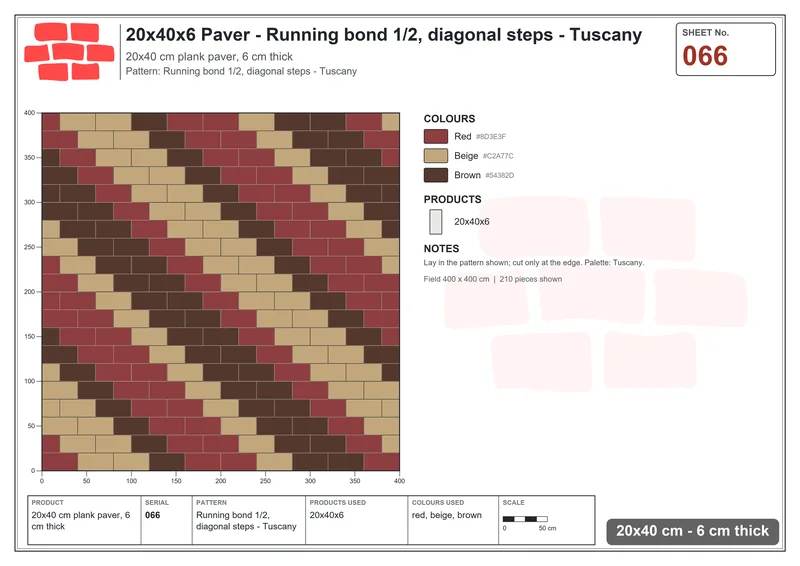 Interlock (Pasco) 20x40 cm · RC24-66 · Running bond 1/2, diagonal steps - Tuscany · Laying plan Interlock (Pasco) 20x40 cm · RC24-66 · Running bond 1/2, diagonal steps - Tuscany · Laying plan