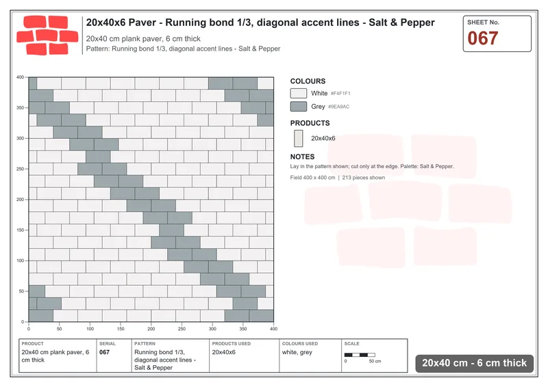 Interlock (Pasco) 20x40 cm · RC24-67 · Running bond 1/3, diagonal accent lines - Salt & Pepper · Laying plan Interlock (Pasco) 20x40 cm · RC24-67 · Running bond 1/3, diagonal accent lines - Salt & Pepper · Laying plan
