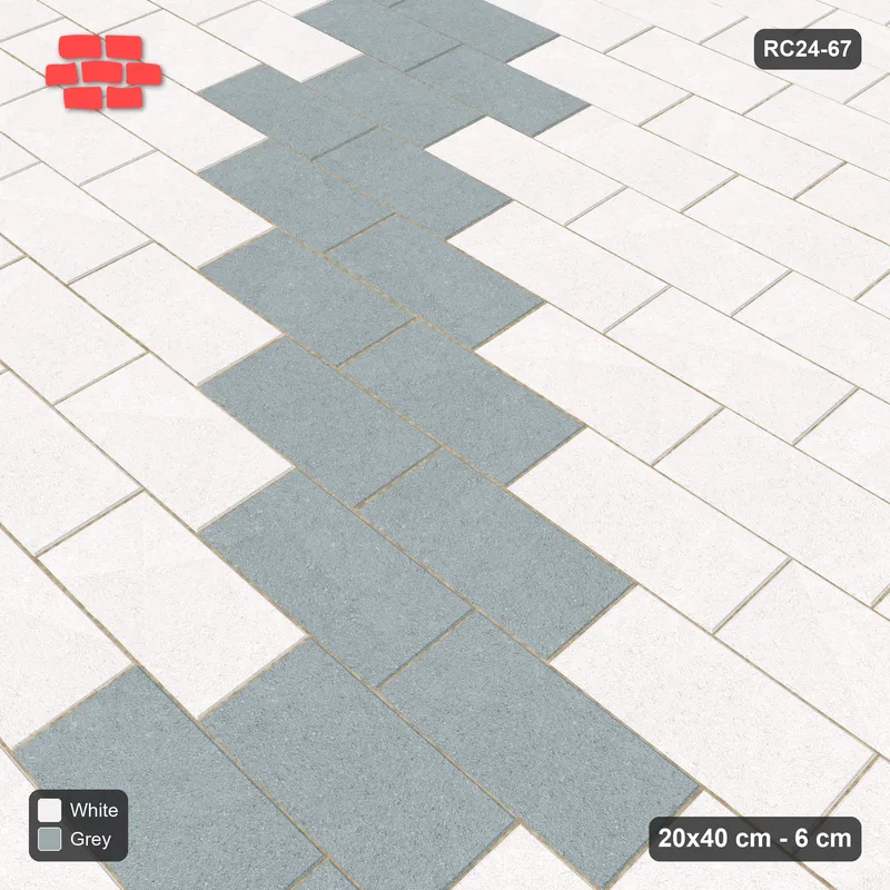Interlock (Pasco) 20x40 cm · RC24-67 · Running bond 1/3, diagonal accent lines - Salt & Pepper · Side view Interlock (Pasco) 20x40 cm · RC24-67 · Running bond 1/3, diagonal accent lines - Salt & Pepper · Side view