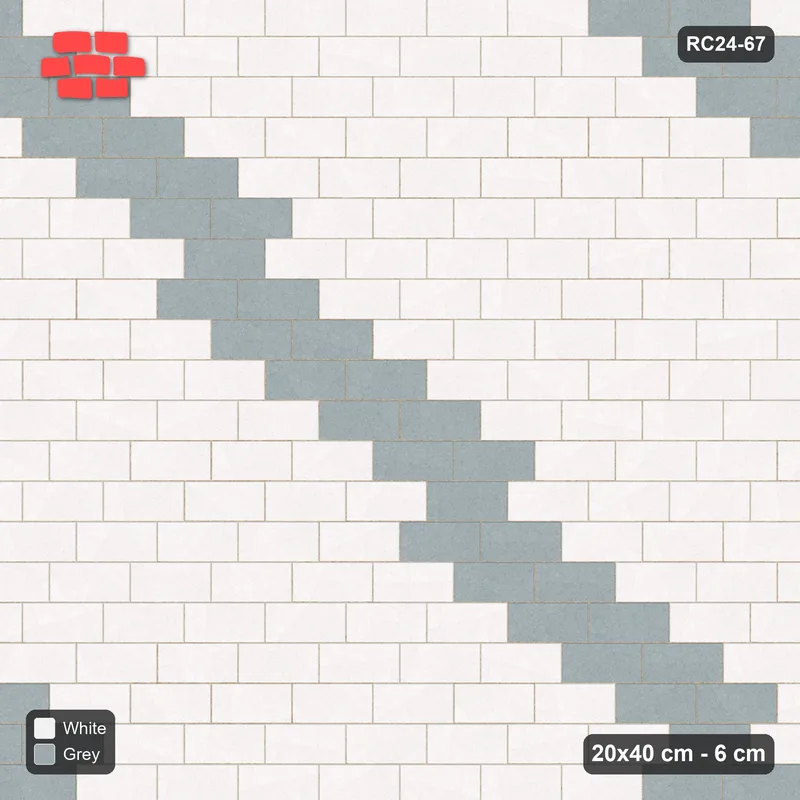 Interlock (Pasco) 20x40 cm · RC24-67 · Running bond 1/3, diagonal accent lines - Salt & Pepper · Top view Interlock (Pasco) 20x40 cm · RC24-67 · Running bond 1/3, diagonal accent lines - Salt & Pepper · Top view